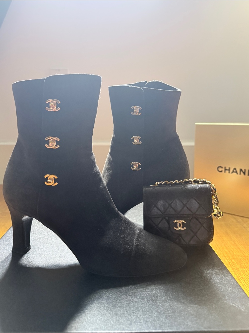 CHANEL Black Suede Mid-Calf Heeled Boots with Gold CC Buttons